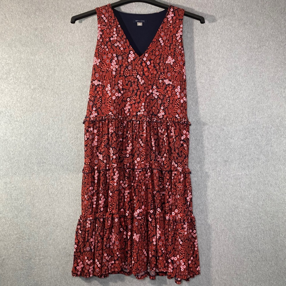 Tommy Hilfiger Tiered Mini Dress Women Sz8 Red Floral V-Neck Sleeveless Boho EUC